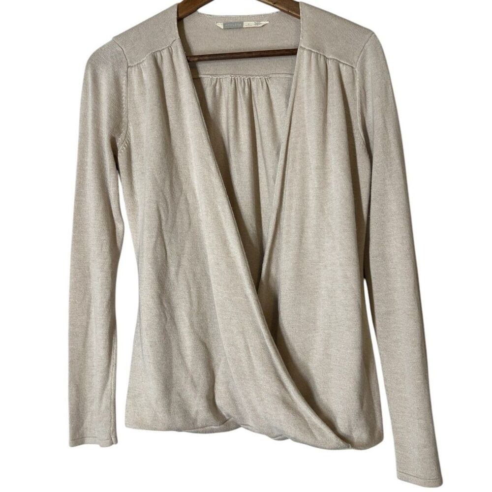 Athleta Bamboo Tencel Blend Oatmeal Colored Faux Wrap Sweater Womens Sz S